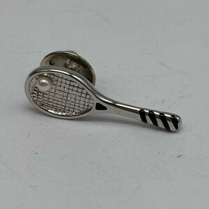 Vintage ladies silver tone pearl brooch‎ lapel pin tennis racket